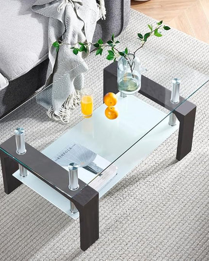 Walnut Rectangular Coffee Table, 39.5in x 23.5in x 17.5in, Glass Tabletop with Lower Shelf, Adjustable Bottom Corners - LeafyLoom