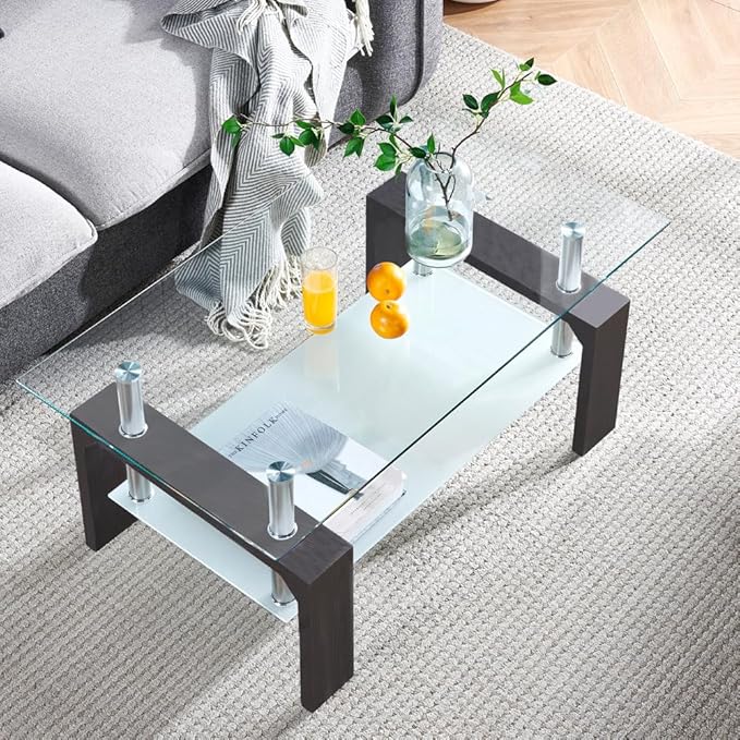 Walnut Rectangular Coffee Table, 39.5in x 23.5in x 17.5in, Glass Tabletop with Lower Shelf, Adjustable Bottom Corners - LeafyLoom
