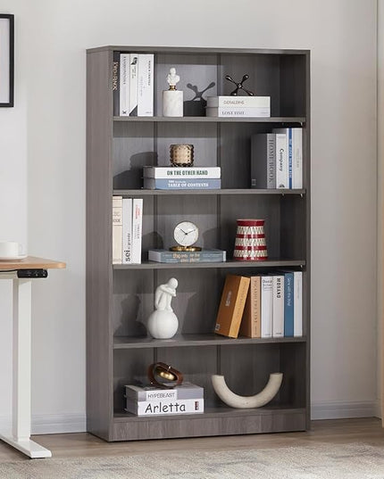 STARY 5 Shelf Carbon Black Bookcase 60 inch Tall Wood Bookshelf for Bedroom - LeafyLoom