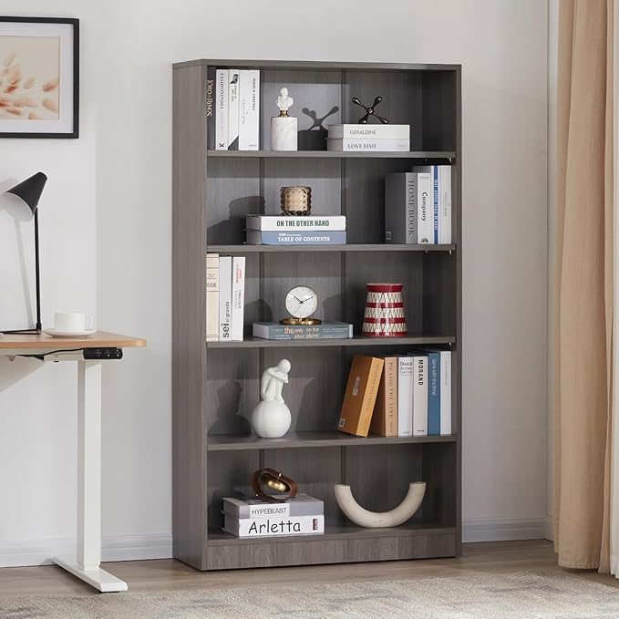 STARY 5 Shelf Carbon Black Bookcase 60 inch Tall Wood Bookshelf for Bedroom - LeafyLoom
