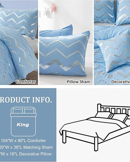 King Comforter Set Blue/Silver Metallic Print Glitter Bedding Set Cute Shinny Bed Sets for Teen Girls Kids Women, 4 Piece (2 Pillowcases, 1 Decorative Pillow Sham) - LeafyLoom
