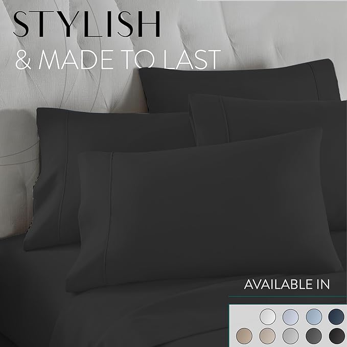 Danjor Linens Full Size Sheets Set - 6 Piece Set Including 4 Pillowcases- Deep Pockets - Breathable, Soft Bed Sheets - Wrinkle Free - Machine Washable - Black Bed Sheets - 6 pc - LeafyLoom