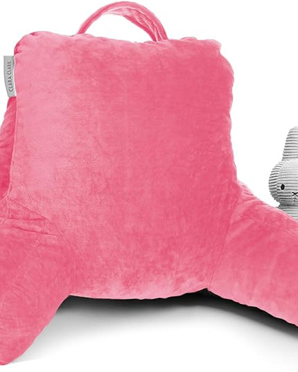 Clara Clark Reading Pillow for Kids, Small Back Pillow for Sitting Up in Bed, Memory Foam Back Support Pillow, Reading Pillows for Sitting in Bed, Light Pink Gaming Pillow with Arms and Pockets - LeafyLoom