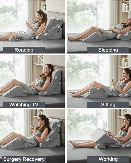 4PCS Orthopedic Bed Wedge Pillow Set – Post Surgery, Relaxing, Back & Adjustable Head Support Cushion – Triangle Memory Foam Pillow for Acid Reflux, Sleeping, Reading, Leg Elevation (White Grey) - LeafyLoom