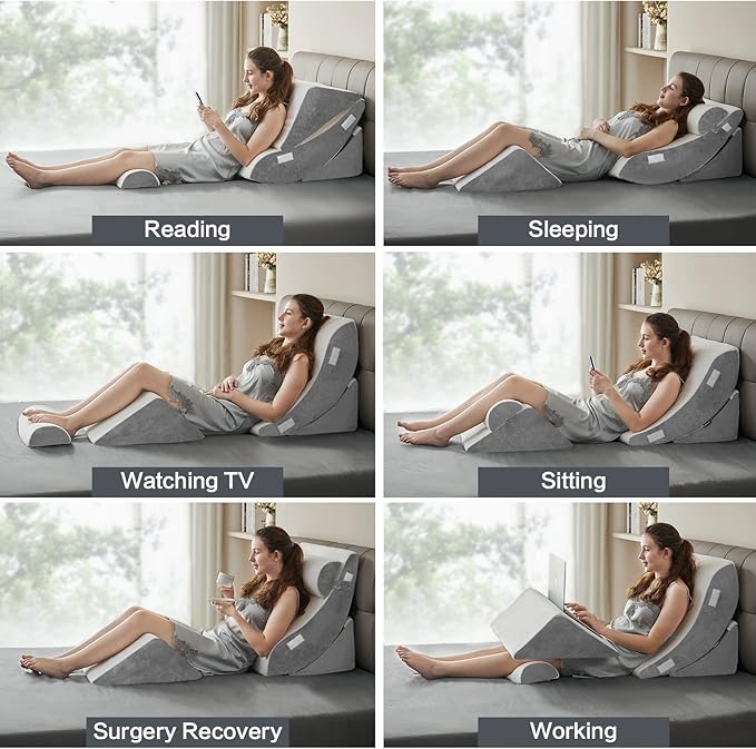 4PCS Orthopedic Bed Wedge Pillow Set – Post Surgery, Relaxing, Back & Adjustable Head Support Cushion – Triangle Memory Foam Pillow for Acid Reflux, Sleeping, Reading, Leg Elevation (White Grey) - LeafyLoom
