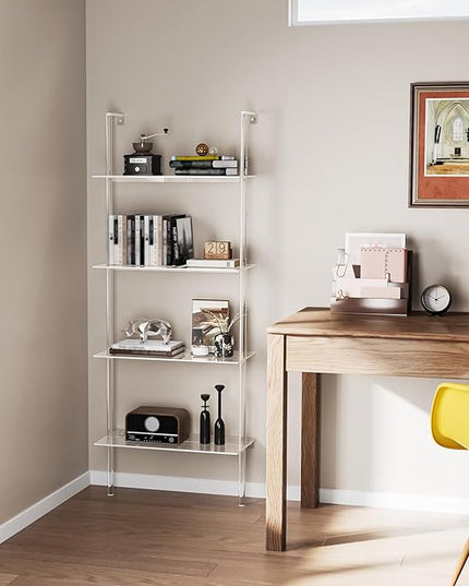 Acrylic Ladder Bookshelf, 4-Tier Clear Wall Mounted Bookshelf with Open Shelves, Multipurpose Bookcase for Living Room, Bathroom, Office, Modern, 11.6" D x 23.4" W x 59.4" H - LeafyLoom