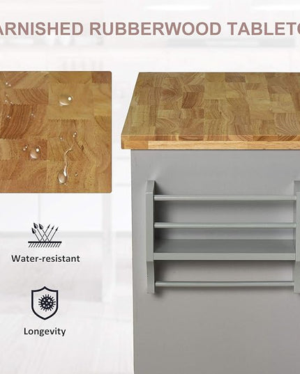 HOMCOM Kitchen Island on Wheels, Rolling Cart with Rubberwood Top, Spice Rack, Towel Rack and Drawers for Dining Room, Grey - LeafyLoom