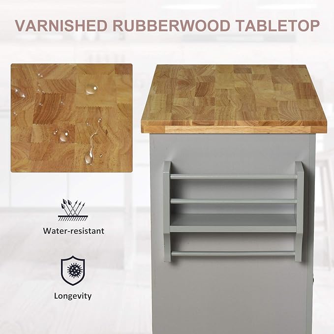 HOMCOM Kitchen Island on Wheels, Rolling Cart with Rubberwood Top, Spice Rack, Towel Rack and Drawers for Dining Room, Grey - LeafyLoom