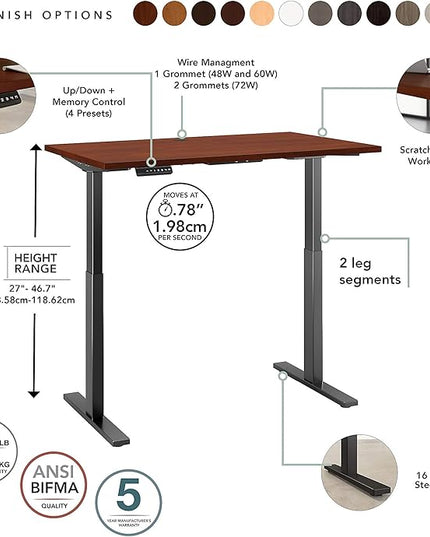 Bush Business Furniture Move 60 Electric Ergonomic Sit-Stand Computer Table for Home and Professional Office, 72W x 30D, Hansen Cherry - LeafyLoom