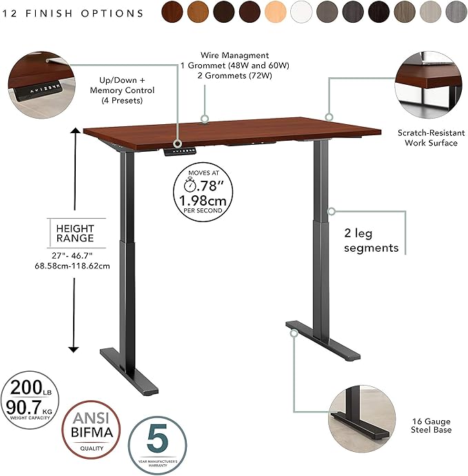 Bush Business Furniture Move 60 Electric Ergonomic Sit-Stand Computer Table for Home and Professional Office, 72W x 30D, Hansen Cherry - LeafyLoom