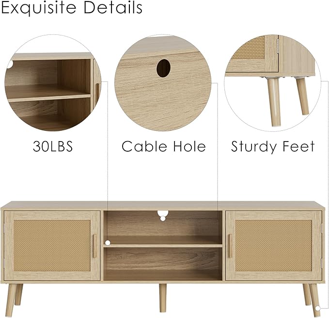 Tv Stand,Entertainment Center with Storage Cabinet, Mid Century Modern Media Console Table, Adjustable Hinge, Wooden Television Furniture for Living Room,Oak - LeafyLoom