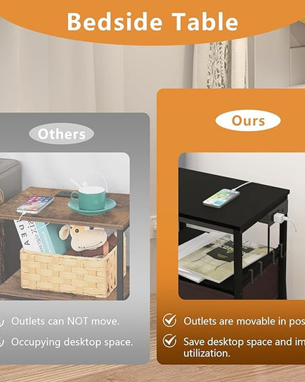 Nightstands set 2 for Bedroom Decor, Bedside Table with Charging Station, Night Stands with Fabric Drawers and Open Shelf, Side Table with USB Ports & Outlets (Black,2) - LeafyLoom