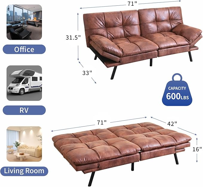 MUUEGM Futon Sofa Bed,Convertible Adjustable Backrest Armrests Memory Foam Couch Bed, Modern Faux Leather Futon Sleeper Couch Loveseat for Living Room,office,Apartment,Small Space,Brown - LeafyLoom