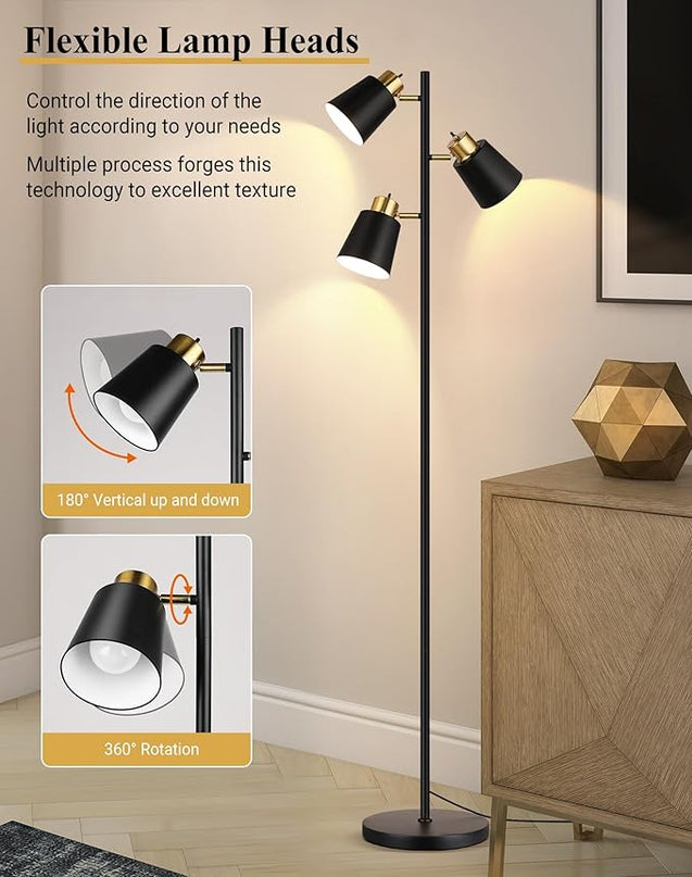 QiMH Tree Floor Lamps for Living Room, 67" Modern Standing Floor Lamp with 3 LED Bulb, Industrial Tall Lamp Reading Lighting for Bedroom Study Office Decor, 3 Rotatable Light Heads, Black Gold - LeafyLoom