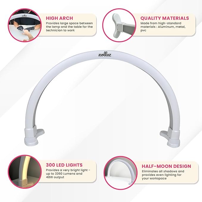 Half-Moon Nail Desk Lamp for Professionals, 3360 Lumen Led Light for Nails, Perfect Led Manicure Desk Lamp | Tattoo Light | Lash Tech Light | Manicure Light Led (White) (Two Knobs) - LeafyLoom