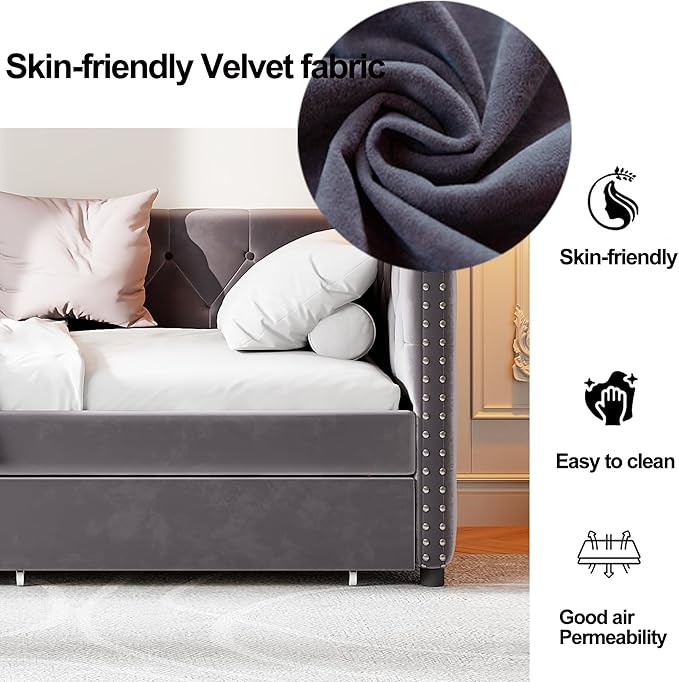 Twin Size Velvet Upholstered Daybed with Two Storage Drawers, Solid Wood Bed w/Button Tufted Backrest, for Living Room, Bedroom, Dorm, No Box Spring Needed - LeafyLoom