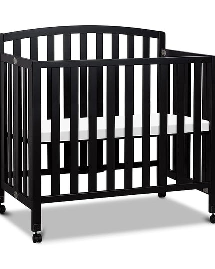 DaVinci Dylan Folding Portable 3-in-1 Convertible Mini Crib and Twin Bed in Ebony, Greenguard Gold Certified - LeafyLoom