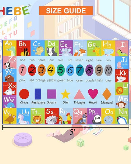 HEBE Kids Play Rug 3'4"x5' ABC Alphabet Numbers Shapes Educational Kid Area Rug Washable Baby Crawling Mat Non Slip Kid Play Mat Carpet for Girl Boy Bedroom Playroom - LeafyLoom