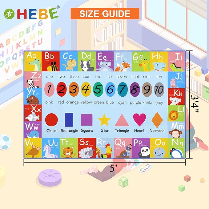 HEBE Kids Play Rug 3'4"x5' ABC Alphabet Numbers Shapes Educational Kid Area Rug Washable Baby Crawling Mat Non Slip Kid Play Mat Carpet for Girl Boy Bedroom Playroom - LeafyLoom