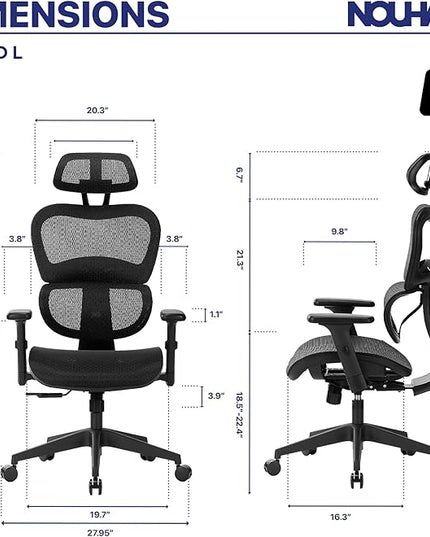 Nochaus Ergo3dL home office desk chairs ergonomic office chair High-Back Mesh Rolling Work Chairs with Wheels and Adjustable Headrests Comfortable Lumbar Support Adjustable Armrests - LeafyLoom