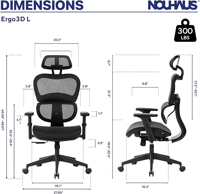 Nochaus Ergo3dL home office desk chairs ergonomic office chair High-Back Mesh Rolling Work Chairs with Wheels and Adjustable Headrests Comfortable Lumbar Support Adjustable Armrests - LeafyLoom