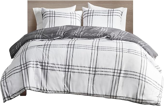 Intelligent Design Pike Reversible Comforter Set, Cottage Plaid Print, Modern Cabin Lifestyle, Down Alternative, All Season Bedding with Matching Sham, Twin/Twin XL White/Grey 2 Piece - LeafyLoom