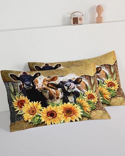 HOSIMA Farmhouse Animal Cow Comforter Western Bedding Sets,Sunflower Comforter for Girls Boys Teens,Cow Print Bedding Room Decor,Floral King Size Comforter Set with 2 Pillowcases. - LeafyLoom