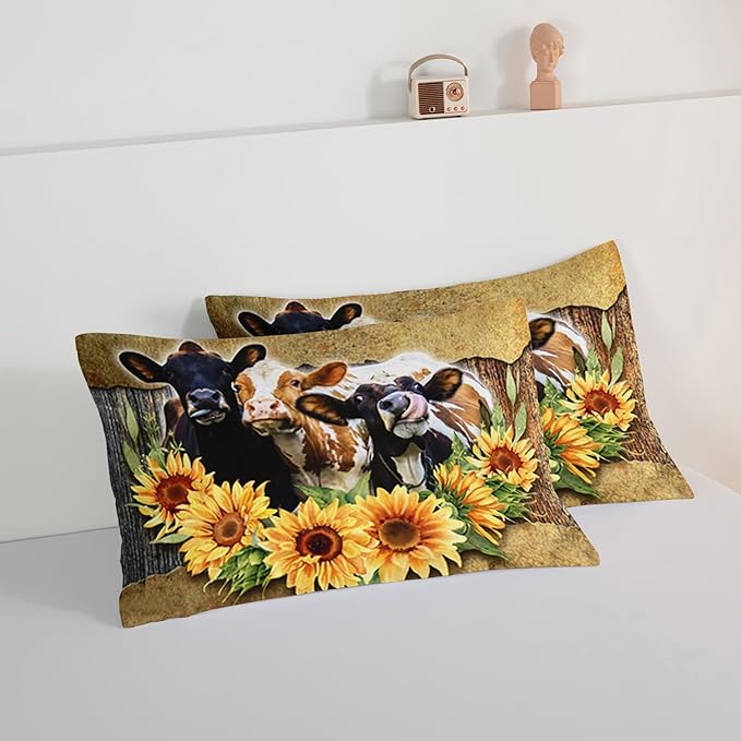 HOSIMA Farmhouse Animal Cow Comforter Western Bedding Sets Queen,Sunflower Comforter for Girls Boys Teens,Cow Print Bedding Room Decor,Floral Comforter Set with 2 Pillowcases. - LeafyLoom
