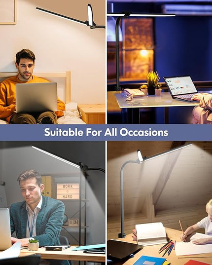 LED Desk Lamp for Home Office, Dual Head Architect Lamp with Clamp, Desk Light for Dual Computer Monitor, 24W 2000LM Dimmable, 2700K/4500K/6500K Adjustable, Gooseneck Desk Lighting for Workbench Study - LeafyLoom