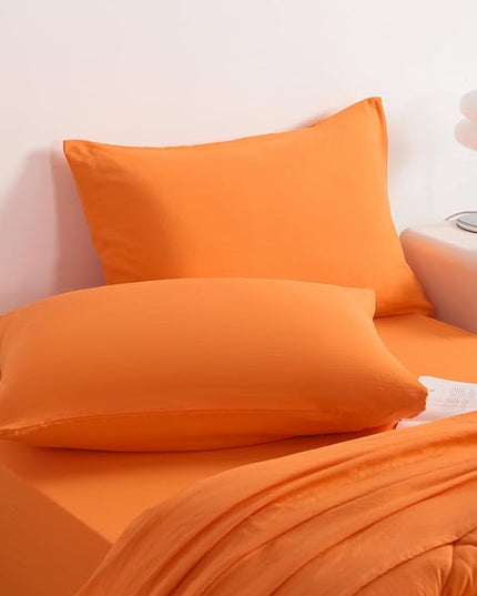 NTBAY Twin Comforter Set with Sheets, 5 Pieces Soft and Breathable Twin Bedding Set, Twin Bed in a Bag, Down Alternative Comforter Set Solid Color All Season, Kids Bedding Set, Orange - LeafyLoom