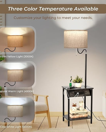 FIMEI Floor Lamp with Table, End Table with Charging Station USB Ports & Outlets, Bedside Table 3 Color Temperature Reading Light, Nightstand with Shelves for Living Room Bedroom Apartment, Sage Gray - LeafyLoom