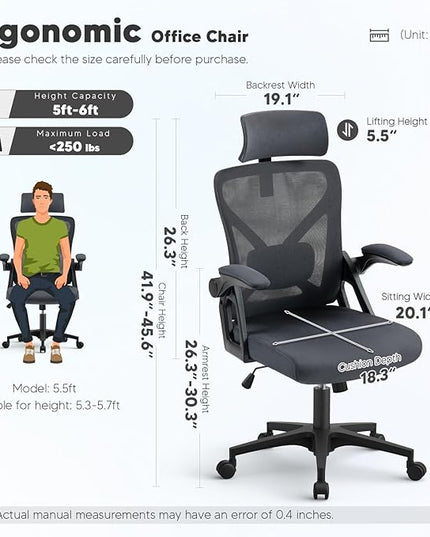 SEATZONE Dark Gray Office Chair, Ergonomic Desk Chair with Adjustable Headrest,Lumbar Support, High Back Mesh Computer Chair with Wheels and Flip-up Armrests Task Chairs, Executive Chairs - LeafyLoom