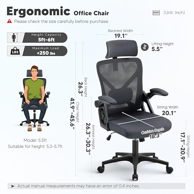 SEATZONE Dark Gray Office Chair, Ergonomic Desk Chair with Adjustable Headrest,Lumbar Support, High Back Mesh Computer Chair with Wheels and Flip-up Armrests Task Chairs, Executive Chairs - LeafyLoom