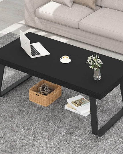 HSH Black Coffee Table, Industrial Wood and Metal Legs Center Table, Modern Minimalist Rectangle Cocktail Table for Living Room, Farmhouse Wooden Tea Table for Bedroom Home Office, Black Oak, 47 Inch - LeafyLoom