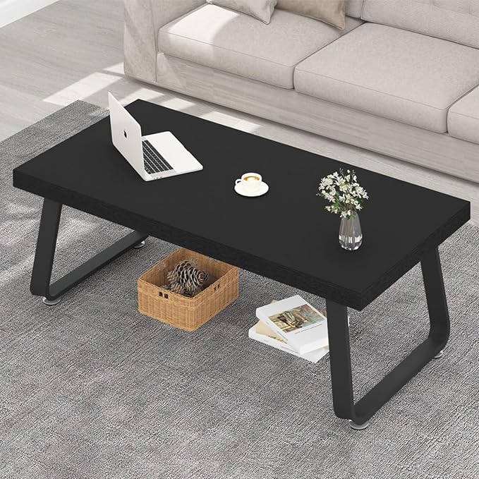 HSH Black Coffee Table, Industrial Wood and Metal Legs Center Table, Modern Minimalist Rectangle Cocktail Table for Living Room, Farmhouse Wooden Tea Table for Bedroom Home Office, Black Oak, 47 Inch - LeafyLoom