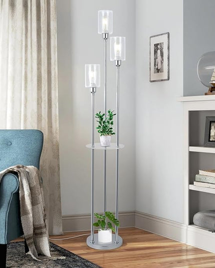 HMVPL Crystal Floor Lamps for Living Room, Modern Floor Lamp with Shelves, 3-Lights Standing Lamp with Crystal Shade, On/Off Foot Switch, Silver Corner Floor Lamp for Bedroom Living Room Office(66") - LeafyLoom