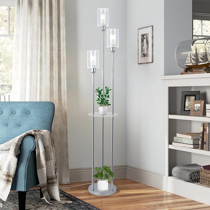 HMVPL Crystal Floor Lamps for Living Room, Modern Floor Lamp with Shelves, 3-Lights Standing Lamp with Crystal Shade, On/Off Foot Switch, Silver Corner Floor Lamp for Bedroom Living Room Office(66") - LeafyLoom