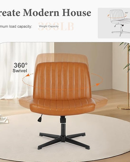 Sweetcrispy Criss Cross Chair Legged, Armless Office Desk Chair No Wheels, Swivel Vanity Chair, Height Adjustable Wide Seat Computer Task Chair, PU Leather Vanity Modern Home Chair Brown - LeafyLoom