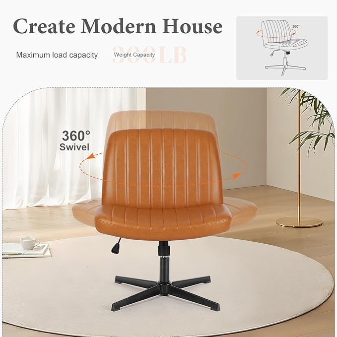 Sweetcrispy Criss Cross Chair Legged, Armless Office Desk Chair No Wheels, Swivel Vanity Chair, Height Adjustable Wide Seat Computer Task Chair, PU Leather Vanity Modern Home Chair Brown - LeafyLoom