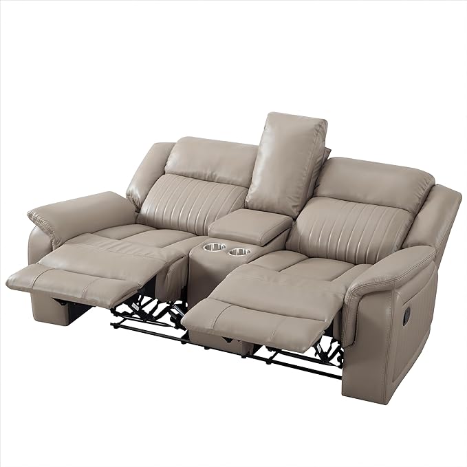 72" PU Manual Reclining Loveseat Sofa with 2 Cup Holder and Storage,Multifunction Upholstered Couch W/Adjustable Backrest & Footboards,Smart Furniture for Living Room Bedroom Apartment,Grey - LeafyLoom
