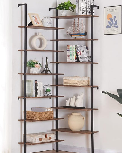 HOMISSUE Corner Bookshelf,12-Tier L Shaped Bookshelf, Double Wide Corner Wall Mount Bookcase with Metal Frame and Wood, Modern Industrial Corner Shelf for Living Room, Kitchen, Home Office Brown - LeafyLoom