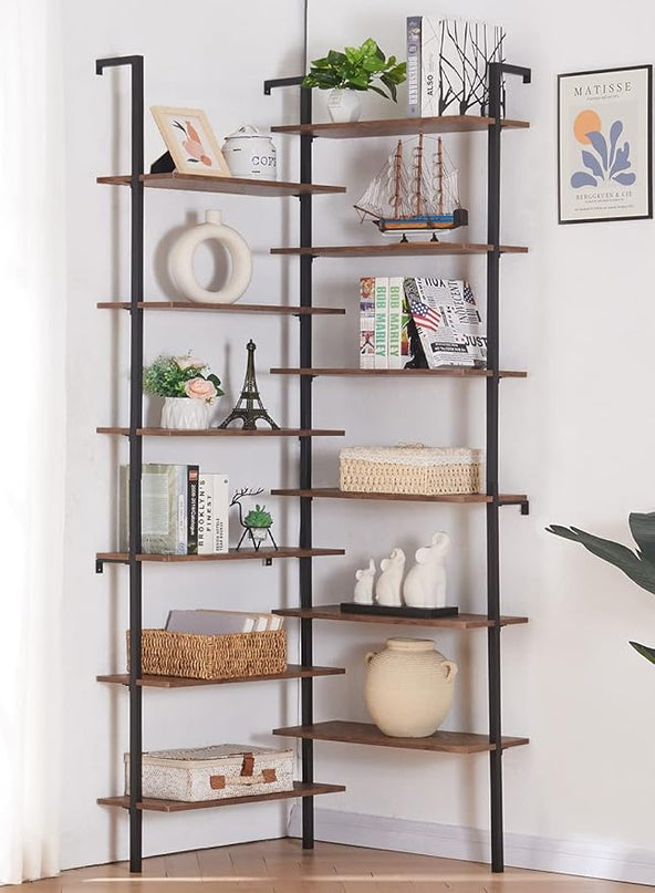 HOMISSUE Corner Bookshelf,12-Tier L Shaped Bookshelf, Double Wide Corner Wall Mount Bookcase with Metal Frame and Wood, Modern Industrial Corner Shelf for Living Room, Kitchen, Home Office Brown - LeafyLoom
