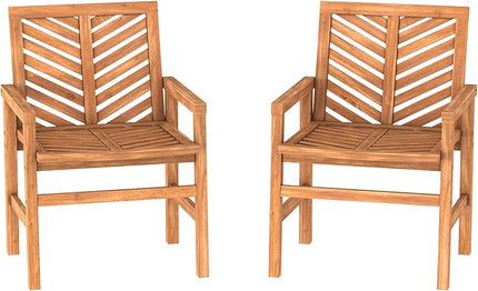 Walker Edison 2 Piece Outdoor Patio Chevron Wood Chair Set All Weather Backyard Conversation Garden Poolside Balcony, Set of 2, Brown - LeafyLoom