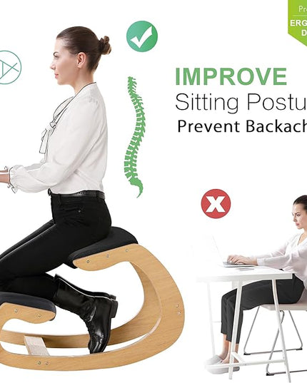 Predawn Ergonomic Kneeling Chair,Rocking Knee Chair Upright Posture Chair for Home Office Meditation Wooden & Linen Cushion-Office Chair for Back Neck Pain Relief & Improving Posture(White Oak-Black) - LeafyLoom