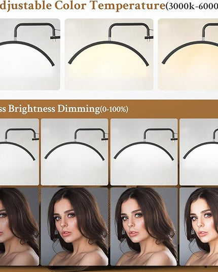 Lash Light for Eyelash Tech - Led Half Moon Light for Tattoo Artists, Esthetician Lights for Eyelash Extensions - Adjustable Brightness & Height, Warm to Cool Floor Lash Lamp with Phone Holder - LeafyLoom