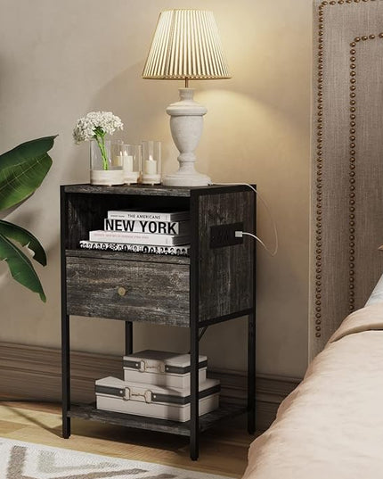 LDTTCUK Nightstand with Charging Station, Modern End Table with Drawer, Bedside Table with Open Storage for Bedroom, Retro Grey - LeafyLoom