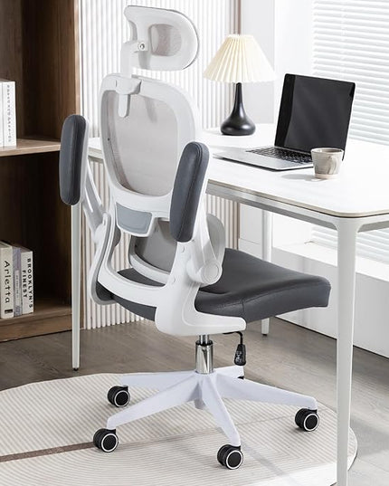 Home Office Chair High Back Computer Desk Chair Ergonomic Task Chair Executive Chair with Lumbar Support Recliner Chair with Adjustable Headrest,Flip-up Armrests (White/Gray with Nylon Base) - LeafyLoom