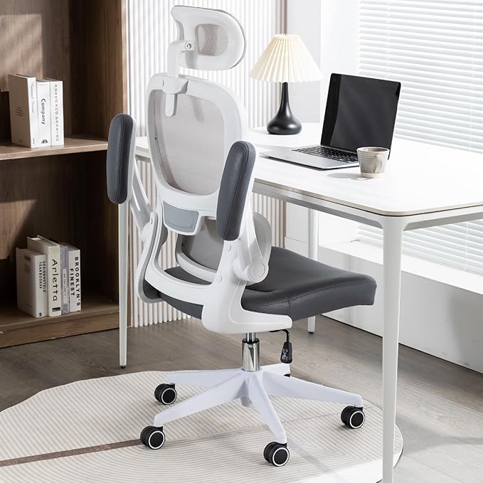 Home Office Chair High Back Computer Desk Chair Ergonomic Task Chair Executive Chair with Lumbar Support Recliner Chair with Adjustable Headrest,Flip-up Armrests (White/Gray with Nylon Base) - LeafyLoom