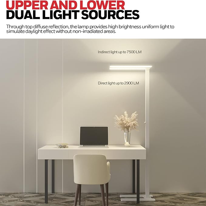 Honeywell LED Floor Lamp Modern - 02E Pro Sunturalux™ Eye Caring Standing Light, 10040LM Dimmable Reading Tall Lampara for Home Office Living Room Bedroom,100W,4000K Natural Daylight - LeafyLoom