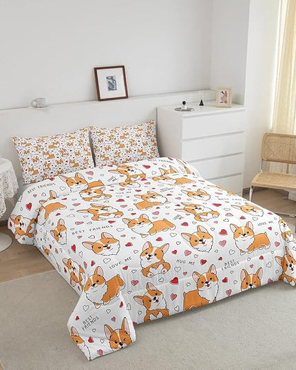Feelyou Kids Kawaii Corgi Comforter Set Toddler Cute Dog All Season Down Comforter Boys Girls Cartoon Puppy Dog Bedding Set Lovely Animal Quilt Set Room Decor 2Pcs with 1 Pillow Case Twin Size - LeafyLoom